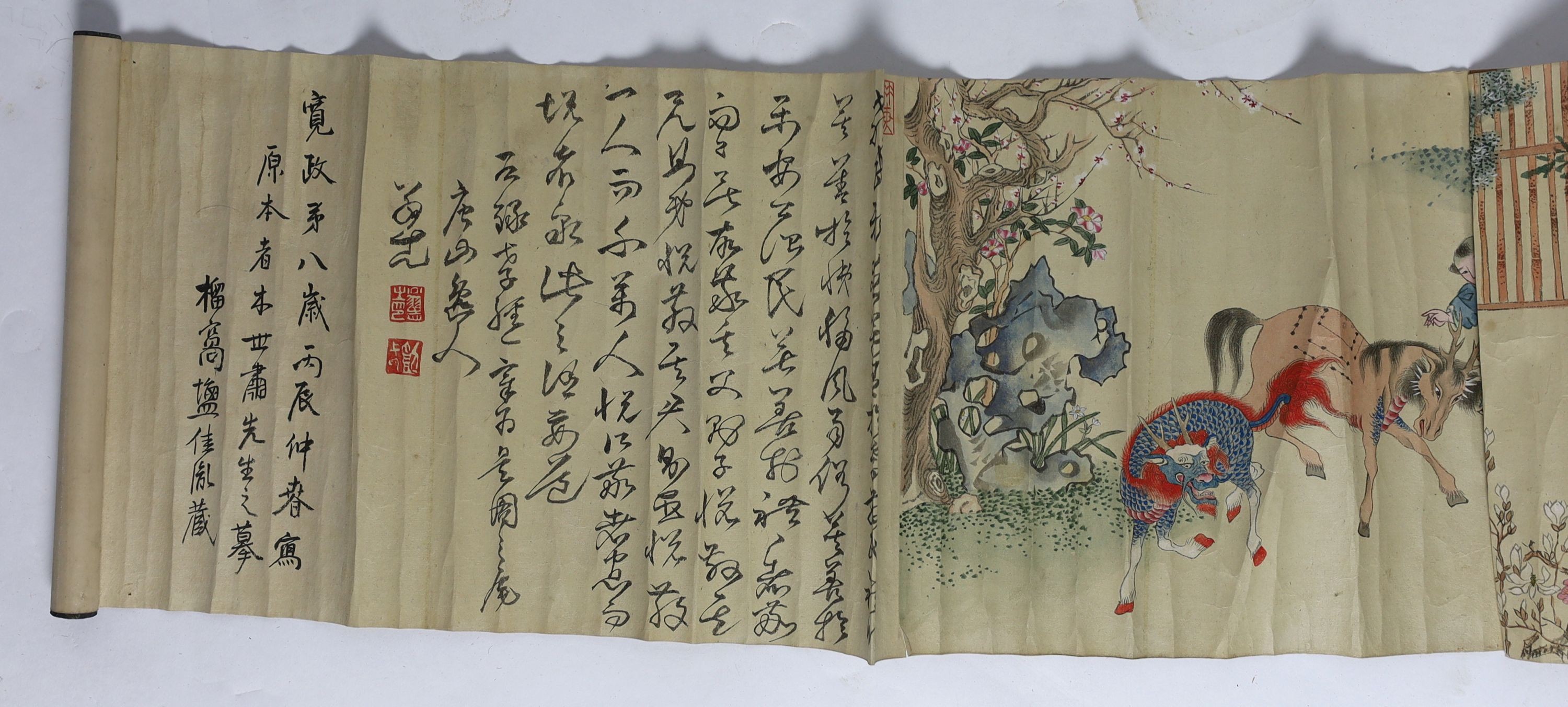 A Chinese handscroll painting on paper of ‘Hundred boys’ in a garden, late Qing dynasty, image 570cm x 26cm